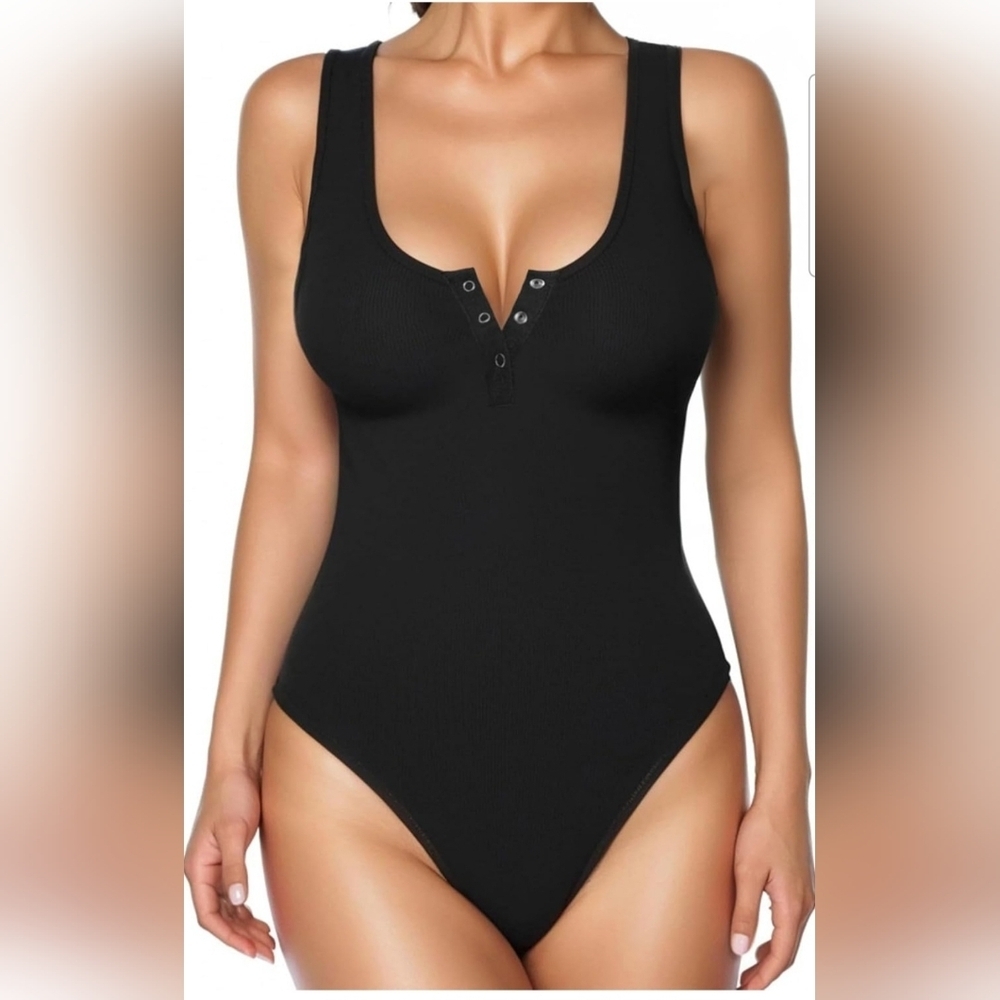 Classic Scoop Neck Black Bodysuit - Ribbed Henley Style